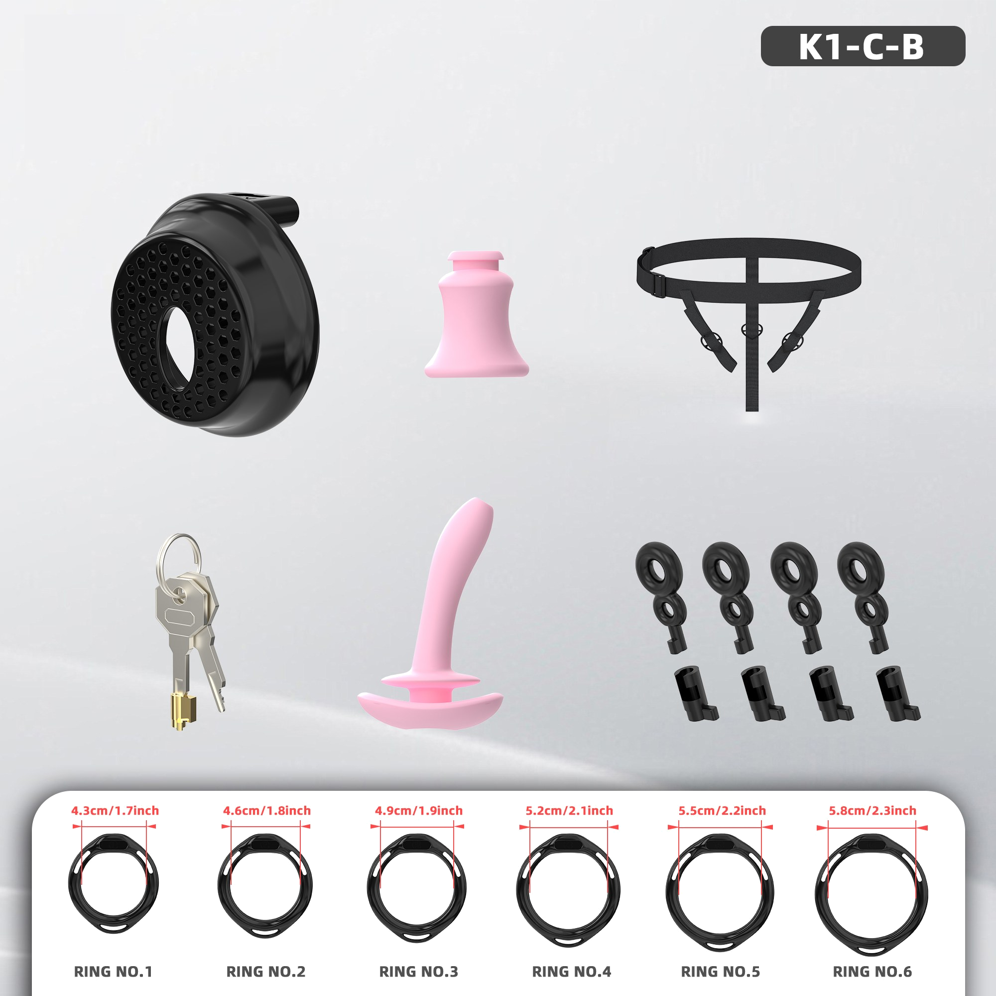 K1-C Plastic Chastity Cage Set with Plastic Rings - detail 1